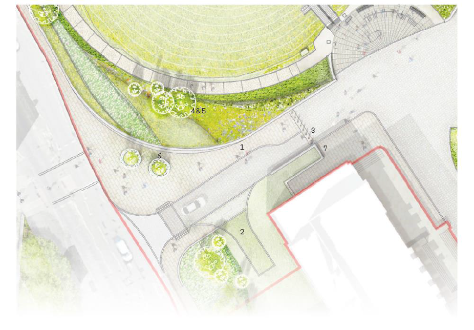 Vehicle access point into Eye of York - Plan taken from the Design and Access Statement Addendum, showing the revised road layout with new grasscrete turning area for large vehicles in front of the Crown Court building, and identifying the location of points 1 to 7 outlined in the paragraph above.