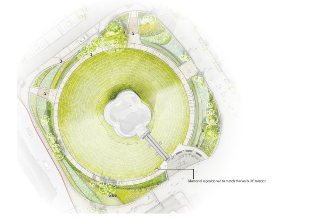 Clifford’s Tower - Plan taken from the Design and Access Statement Addendum, showing the realigned circular path and trees positioned further away from the new Clifford’s Tower entrance space, and identifying the location of points 1 to 6 outlined in the paragraph above. The position of the plaque commemorating the Jewish victims of the 1190 massacre has been repositioned to show the correct location at the bottom of Clifford’s Tower steps where it has been re-installed by English Heritage as part of their conservation works.