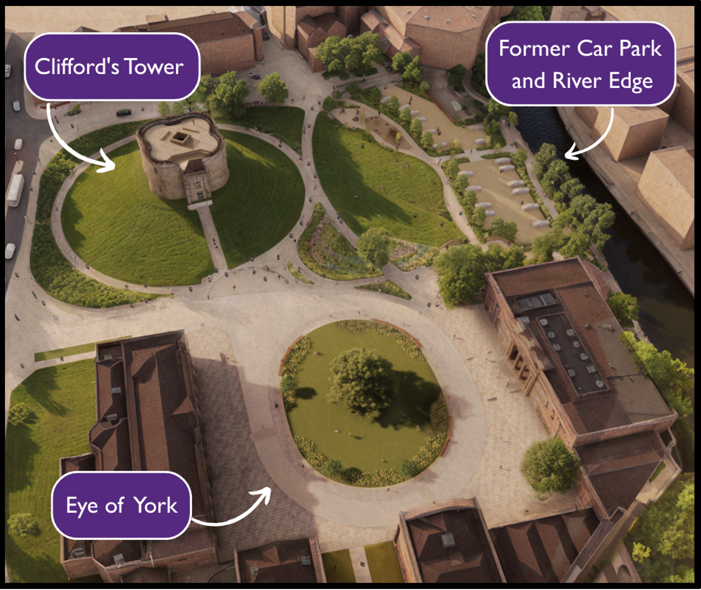 A plan of the Castle Gateway site identifying Clifford's Tower, the Eye of York and new car park.